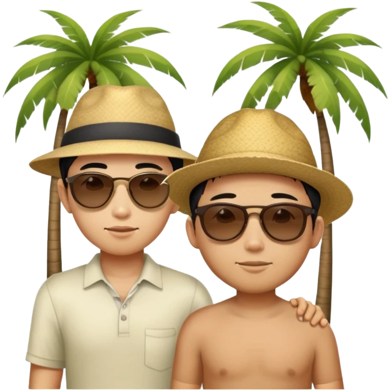 skinny tall asian guy with shorter fat darker asian kid and they’re in front of palm trees emoji