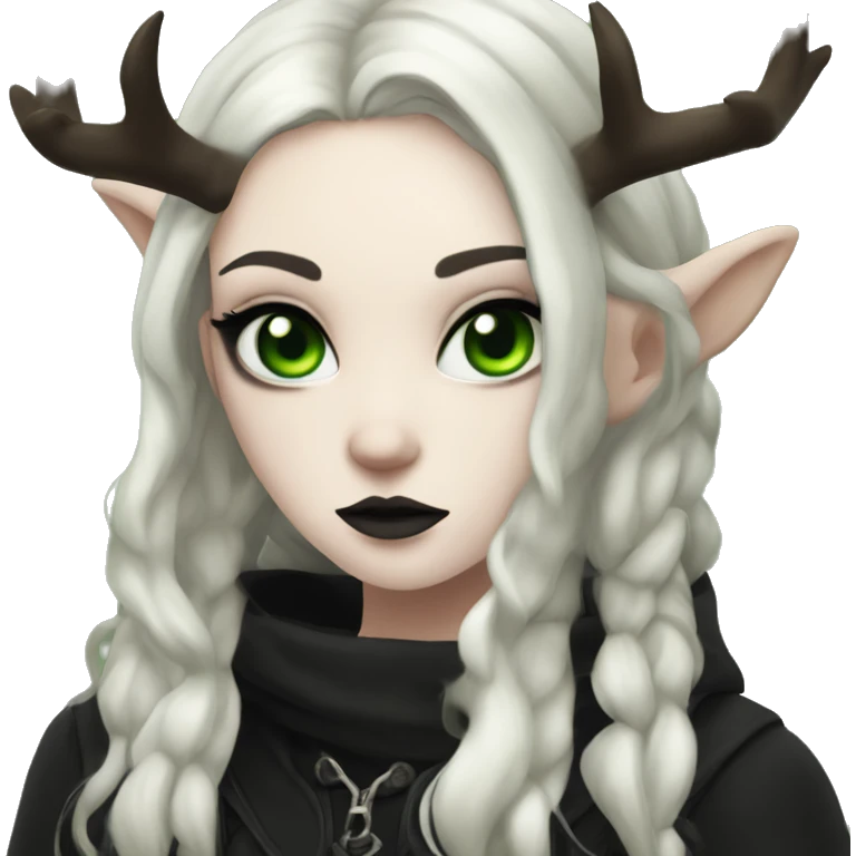 Gothic girl, pale skin, green eyes, dark dread, eyeliner, deer ears and antlers  emoji