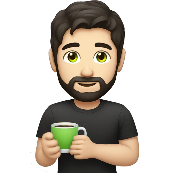 Handsome man with dark hair, holding an cup of coffee, gradient short hair on the side, green eyes. Thin face. Black t-shirt. A little beard. emoji