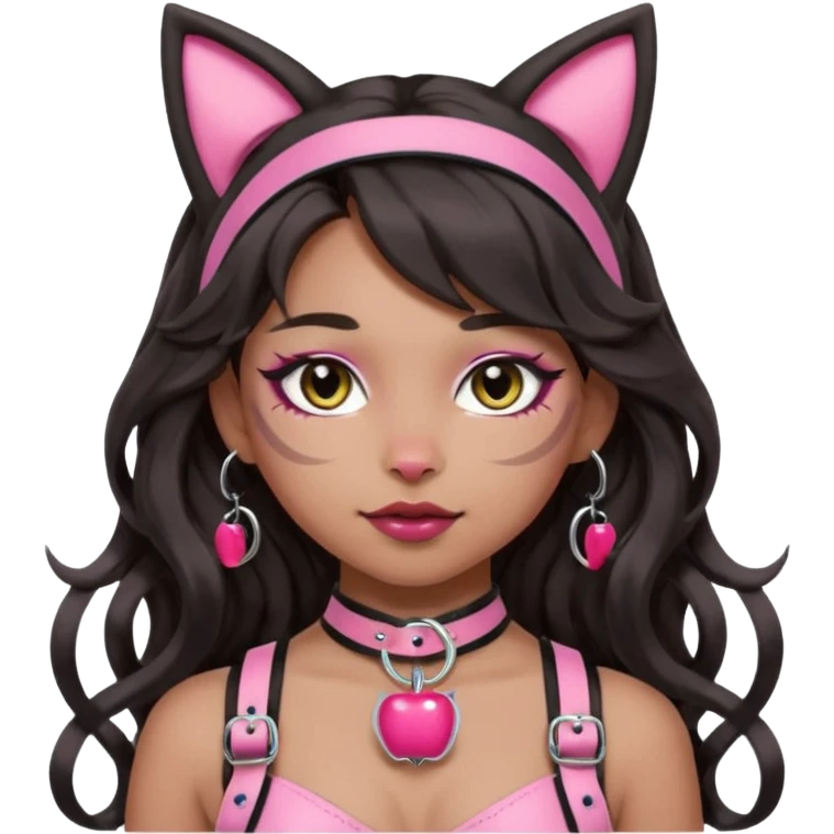 Make the makeup more natural and subtle, not bold. Keep the silver O-ring, bangs, light-medium Hispanic skin, long dark wavy hair, cat ears, and pink BDSM-inspired harness. Apple emoji style. emoji