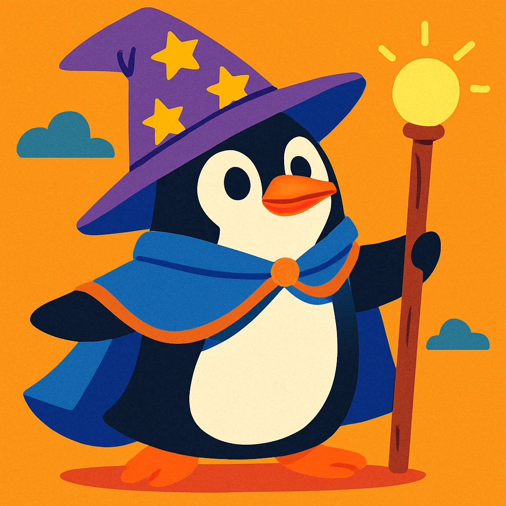 a penguin dressed as a wizard, with a pointed hat and a magic staff, fun whimsical style, vibrant colors, cartoonish emoji