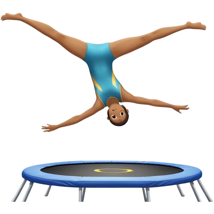 An athletic person soaring high above a trampoline, executing an acrobatic flip with perfect form. The scene captures motion and energy, with a dynamic pose, stretched limbs, and a focused expression. The background suggests a professional trampoline arena with safety padding. emoji