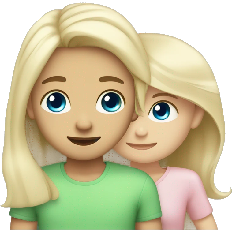 blonde girl tan with green eyes with brunette boy with blue eyes they in love the girl is wearing light pink shirt and the boy black one  emoji