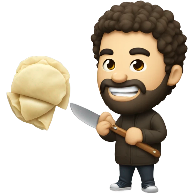 Hairy man eating dumplings with a knife but no fork emoji