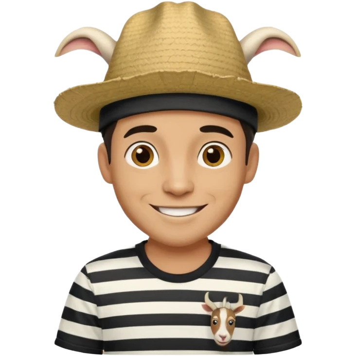 A happy fair skinned Colombian man with a goat tee wearing a Colombian hat that has black horizontal stripes on it emoji