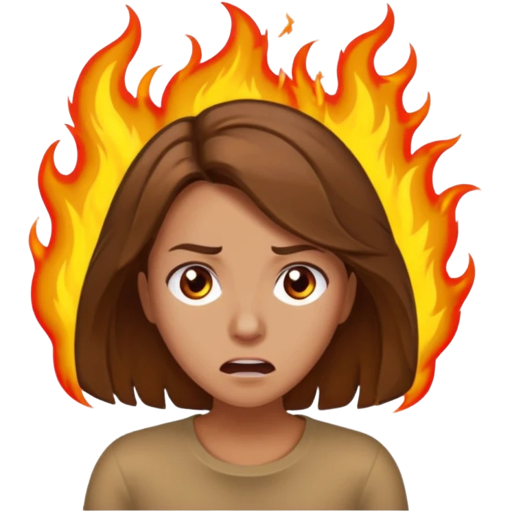 Woman with hair on fire looking stressed and panicked with brown shoulder length hair emoji
