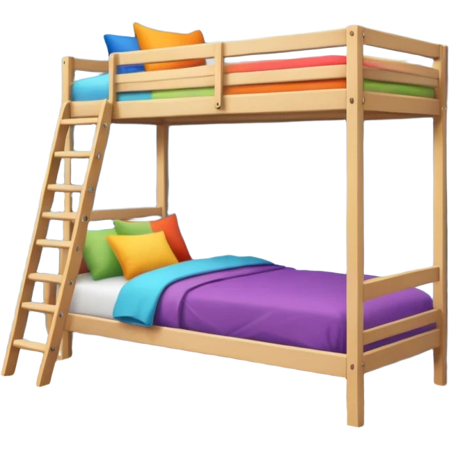 "Cozy bunk bed in a bright bedroom, wooden frame, colorful bedding, small ladder, soft natural light, realistic and detailed." emoji
