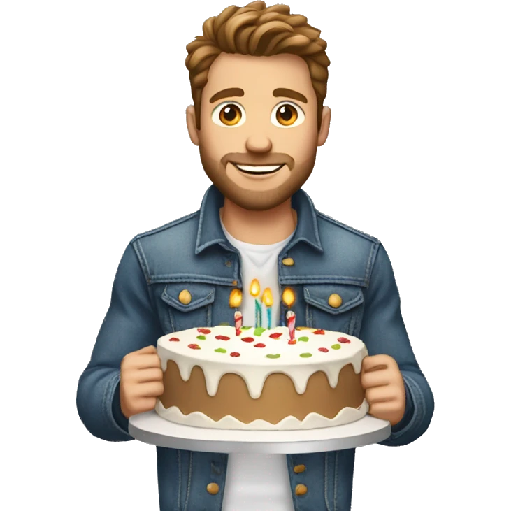 White man brown hair jeans jacket with birthday cake emoji