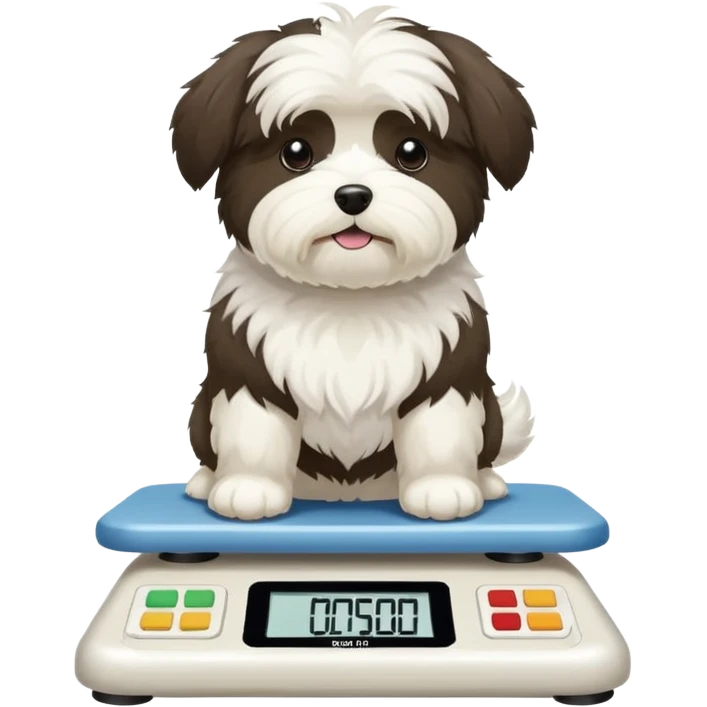 White havanese dog stepping on a scale that reads “:( fat :(“ emoji