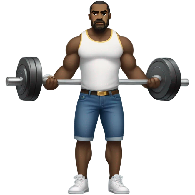 A muscular Cane Corso in blue jeans and gold tee shirt standing upright lifting barbells. emoji