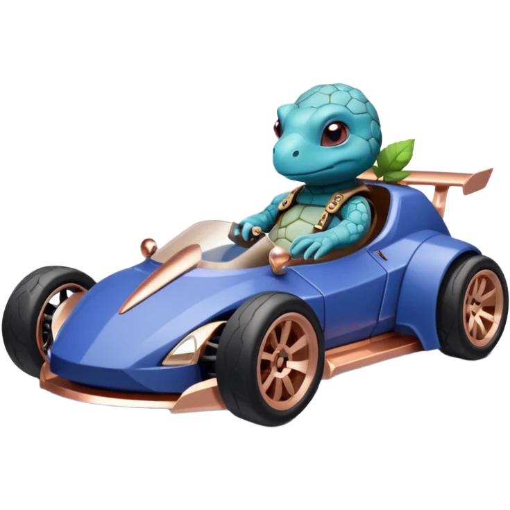 dark crystal blueberry and rosegold-accented cyber faceted-body electric drift-racing car driven by a small cute smoking relaxed turtle with rear spoiler, roll bar, and wheely bar emoji