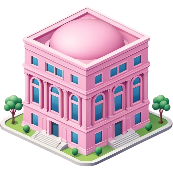 isometric style large pink building or bank with tall rectangular windows and round groundplan, emoji style, more architectural details emoji