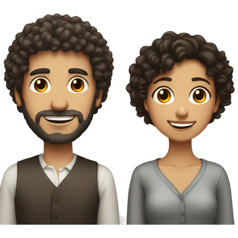 Tall Spanish man with curly short hair and a short Spanish girl with with dark curly hair and dark brown eyes smiling  emoji