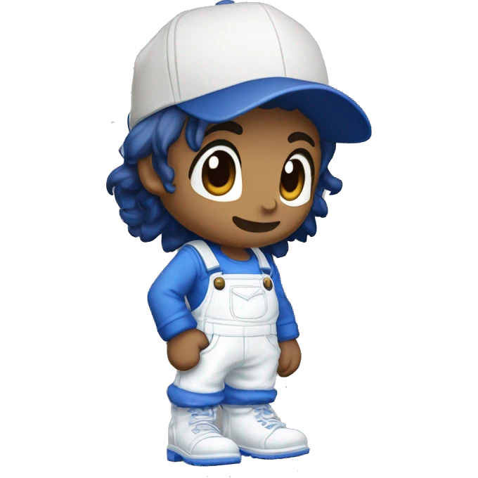 Black messy hair, white overalls, blue long sleeve shirt, Blue eyes, Brown shoes, white gloves, S in the blue cap logo, Smg4, Tan emoji