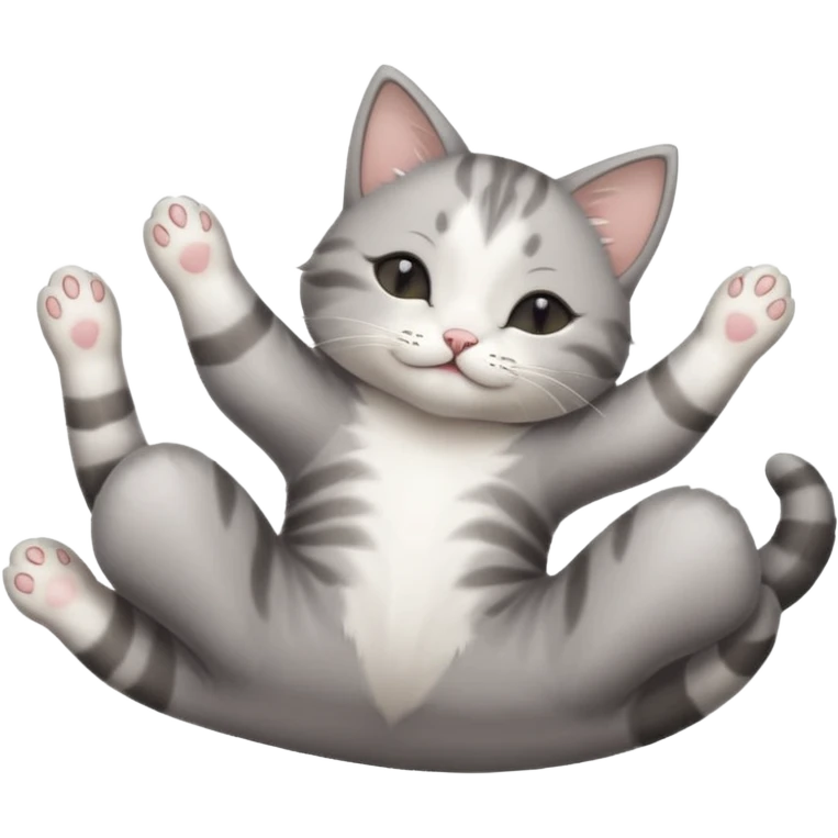 grey and white small cat with eyes closed lying down upside down with paws stretched out straight in different directions emoji