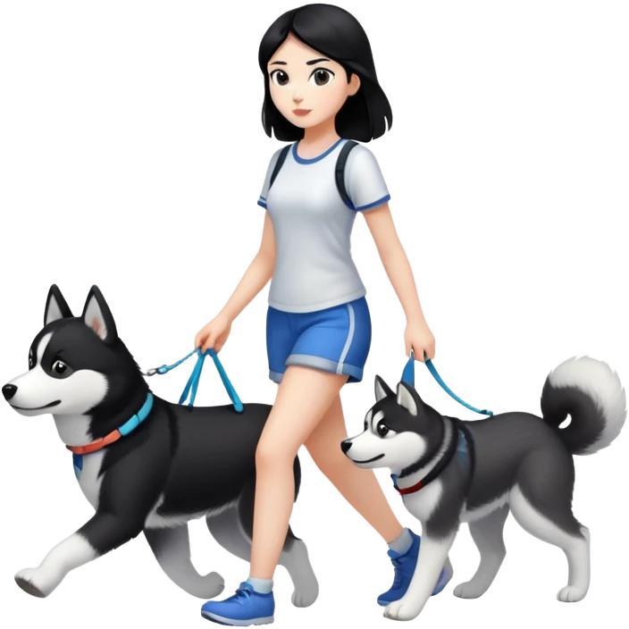A black-haired girl walking a black and white husky emoji