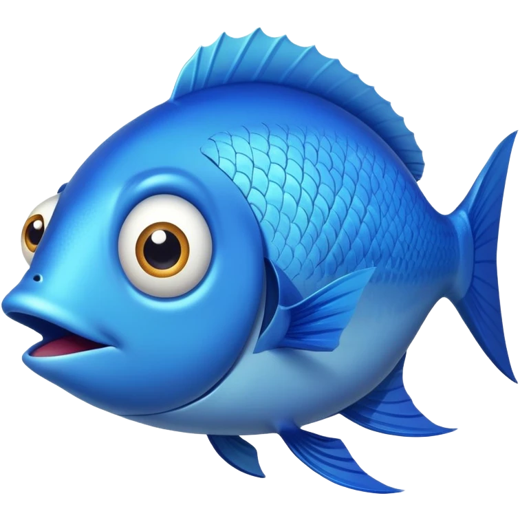 super derpy bright blue fish in side profile facing right, huge bulging eye, wide open mouth looking shocked and stupid, flat 2D side view only emoji