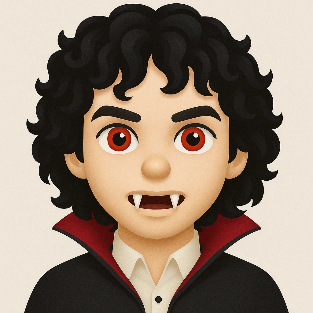 Create an image of a vampire boy with medium-length curly black hair and more prominent fangs in an emoji style. The style should resemble emoji aesthetics but use the general editing model for best results. emoji