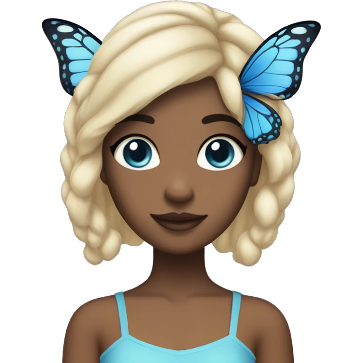 a girl with big black eyes and lightskin with jetblack butterfly cut hair and with blue fairy costume emoji