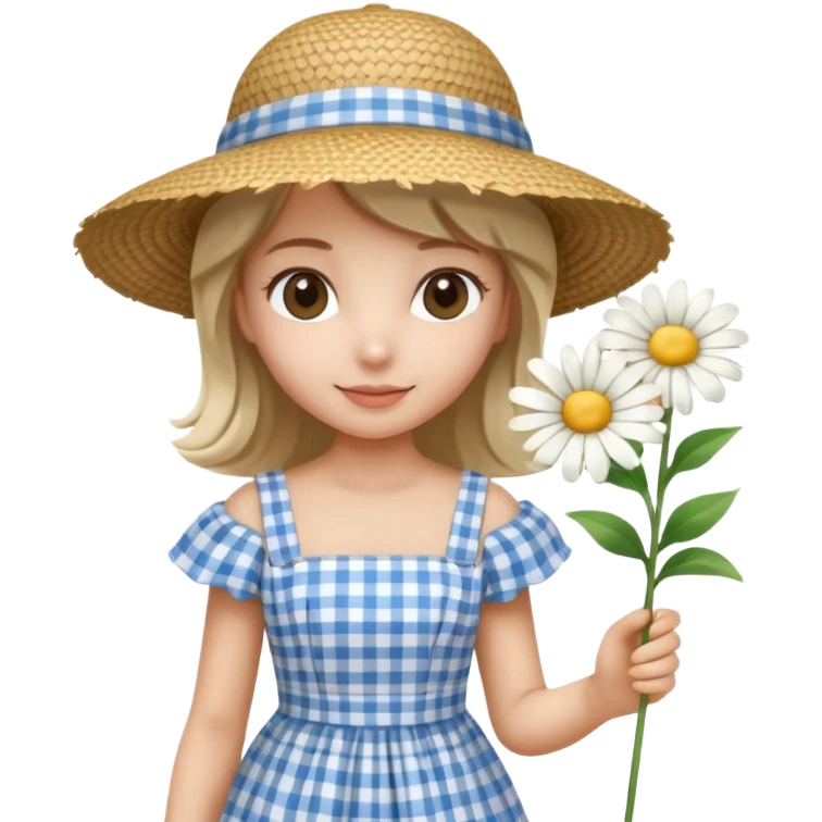 a girl in a blue checkered dress with a big straw hat, holding daisies, back view, smooth shading, minimalistic background, 3D iOS Apple emoji style emoji