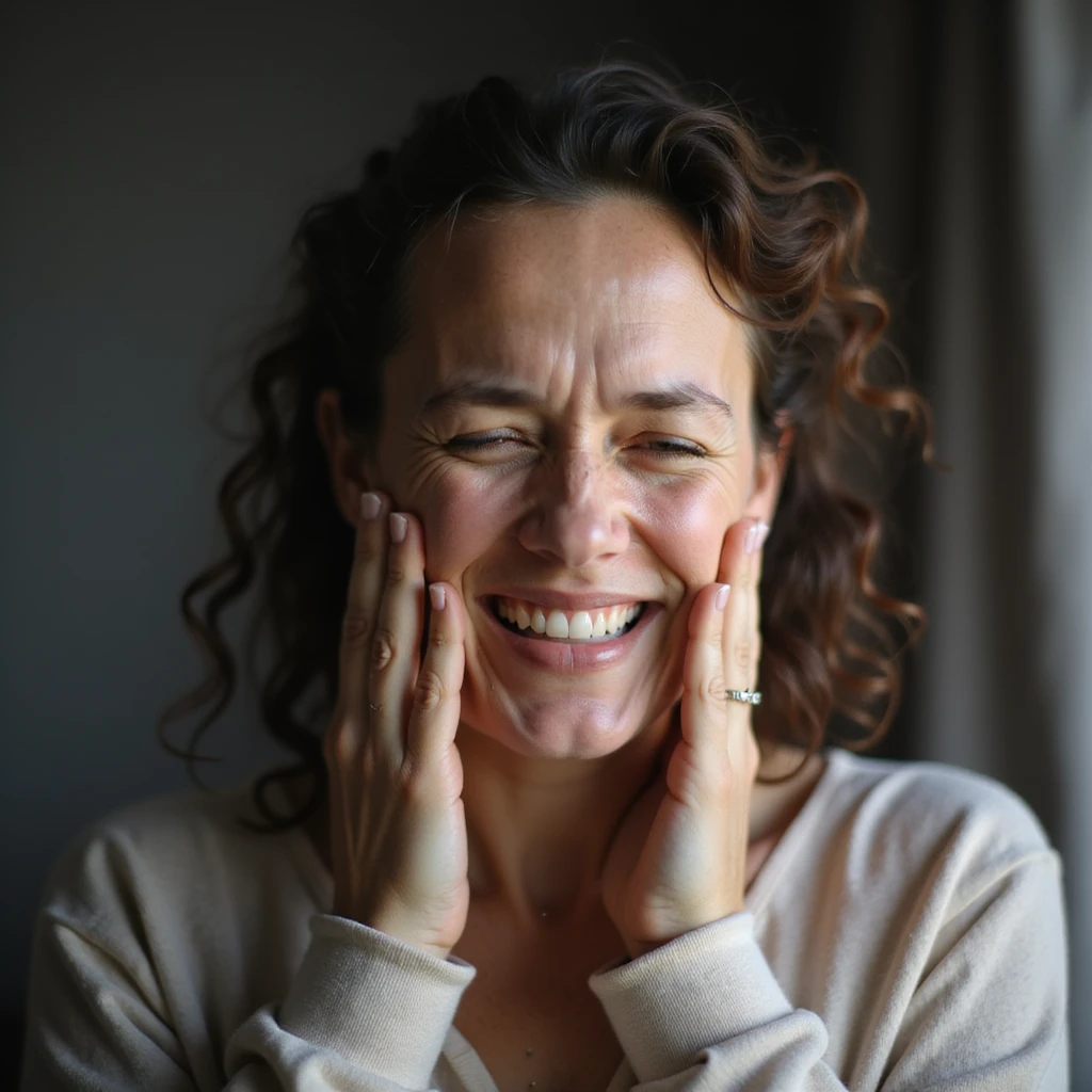 Donna con PCOS che mostra gioia e sollievo perché ha finalmente il ritorno del ciclo mestruale, espressione felice, mani sul viso o gesto di esultanza, ambiente realistico, dettagli iperrealistici 4K, formato verticale 9:16. emoji