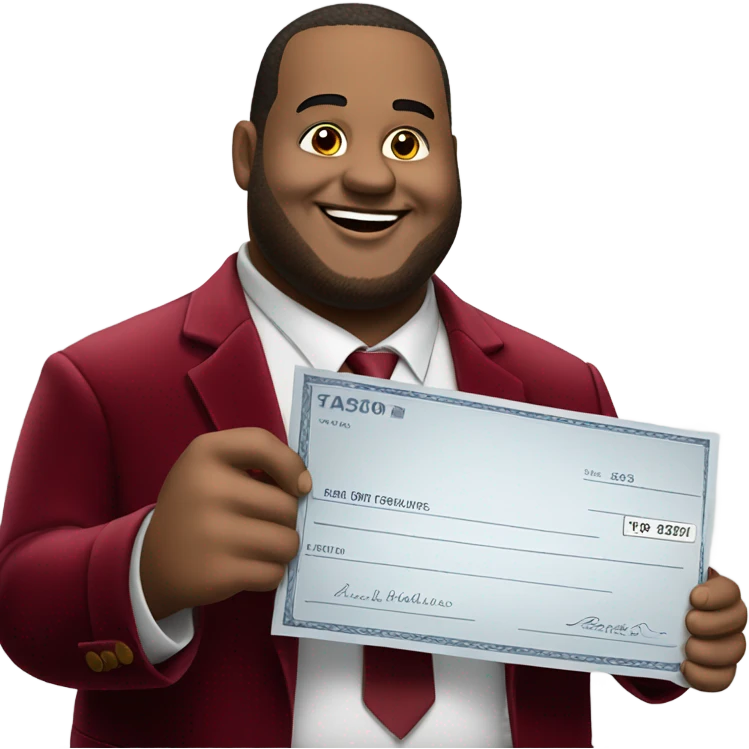 fat guy in dark red velvet suit holding cheque emoji