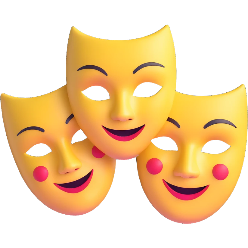 theatre masks with one mask smiling broadly and one mask frowning deeply, comedy and tragedy contrast emoji