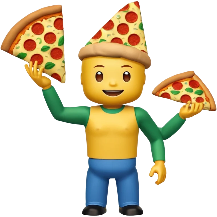 A roblox avatar yellow head arms blue troso green legs and a whole pizza on his head emoji