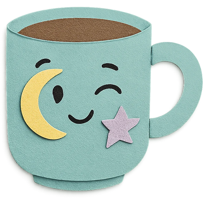 coffee cup with pastel moon and star doodles, winking, hand-drawn style emoji