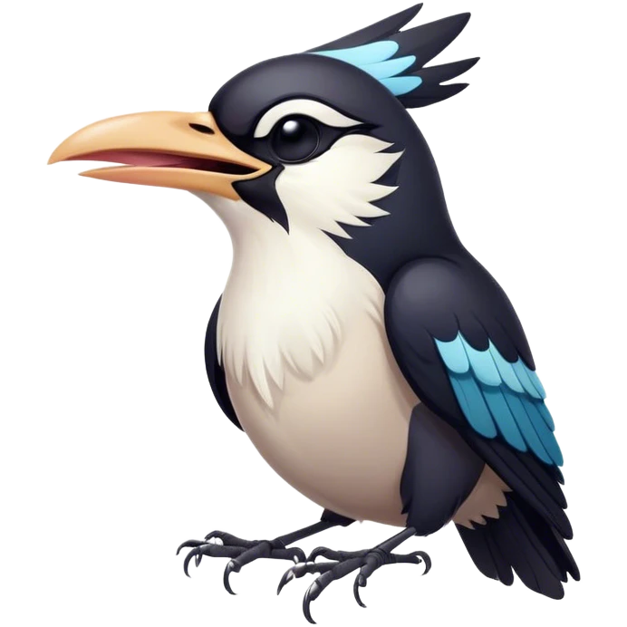 Cinematic Cute Yawning Magpie Portrait Emoji, Head tilted slightly with a dramatic, wide-open yawn, showcasing a sleek, contrasting feathered form with softly drooping wings and sleepy, half-closed eyes, Simplified yet irresistibly adorable features, highly detailed, glowing with a soft, cozy urban glow, high shine, relaxed yet expressive, stylized with a dash of whimsical charm, soft glowing outline, capturing the essence of a drowsy yet affectionate magpie that appears ready to stretch out for a nap! emoji