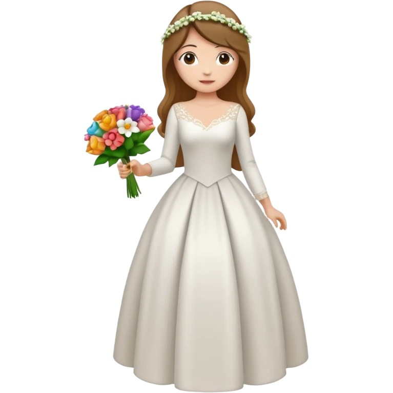 Chica blanca, cabello castaño, recogido en moño alto con mechones, vestido novia de manga larga, cuerpo entero, ramo de flores en una mano, cola trasera emoji