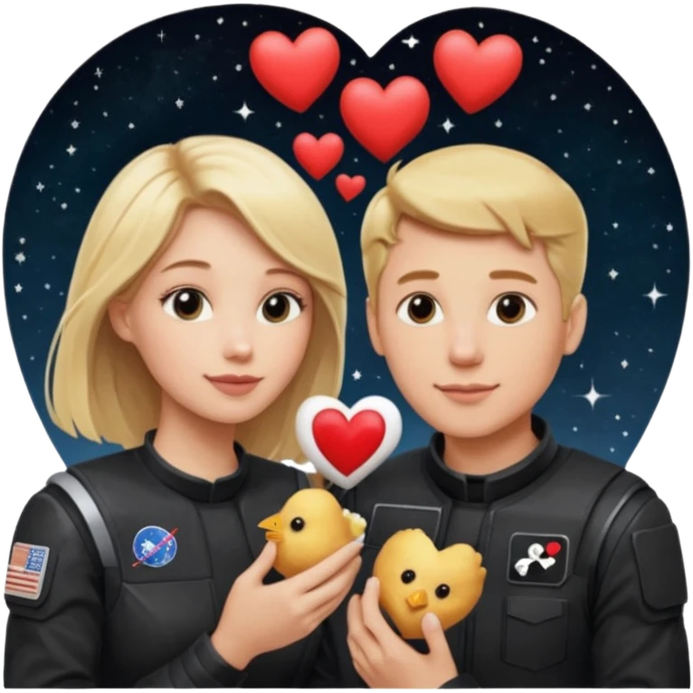 Couple with blonde hair wearing black eating chick filet hearts and outer space in the background  emoji