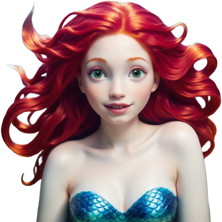 Cinematic Realistic Red Hair Mermaid Portrait, head tilted dramatically with an exaggeratedly amused expression, featuring a striking, vibrant form with meticulously detailed, flowing red hair and luminous porcelain skin. Her expressive eyes burst with playful marine mischief, rendered with dynamic underwater lighting and vibrant textures that convey an air of cheeky oceanic whimsy and over‐the‐top mermaid charm. emoji