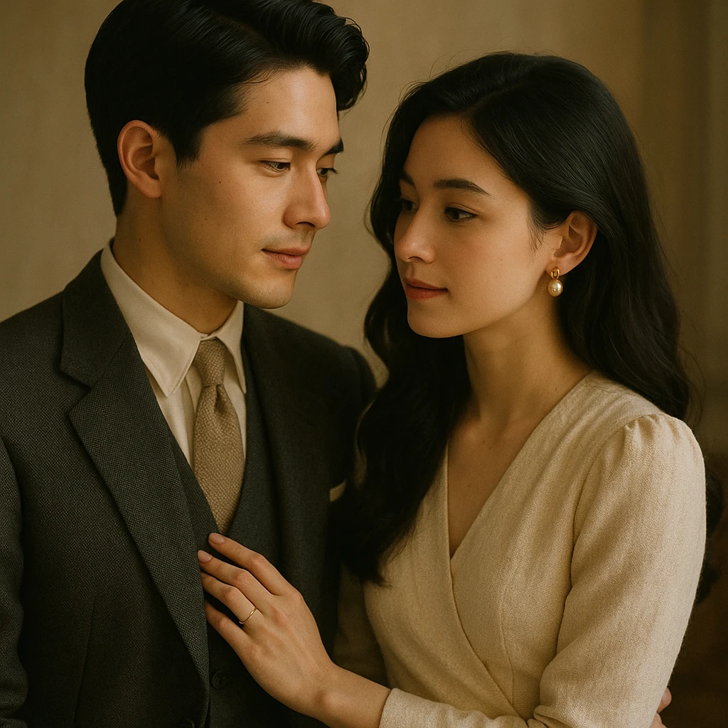 gentle and romantic couple with black hair, old money style, elegant clothing, subtle luxury, soft lighting emoji