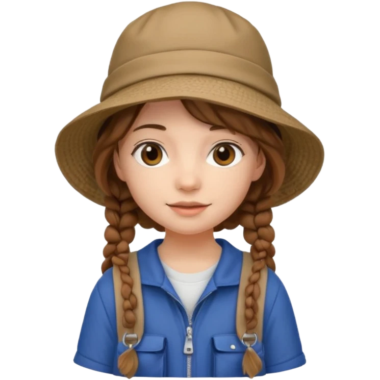a young student girl with the backpack with bucket hat, brown wavy braided hair emoji