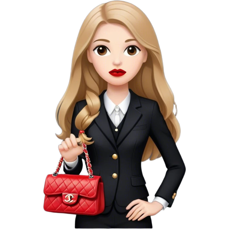 White girl with light brown long hair dressed up in black chanel suit with a chanel bag and red lipstick emoji