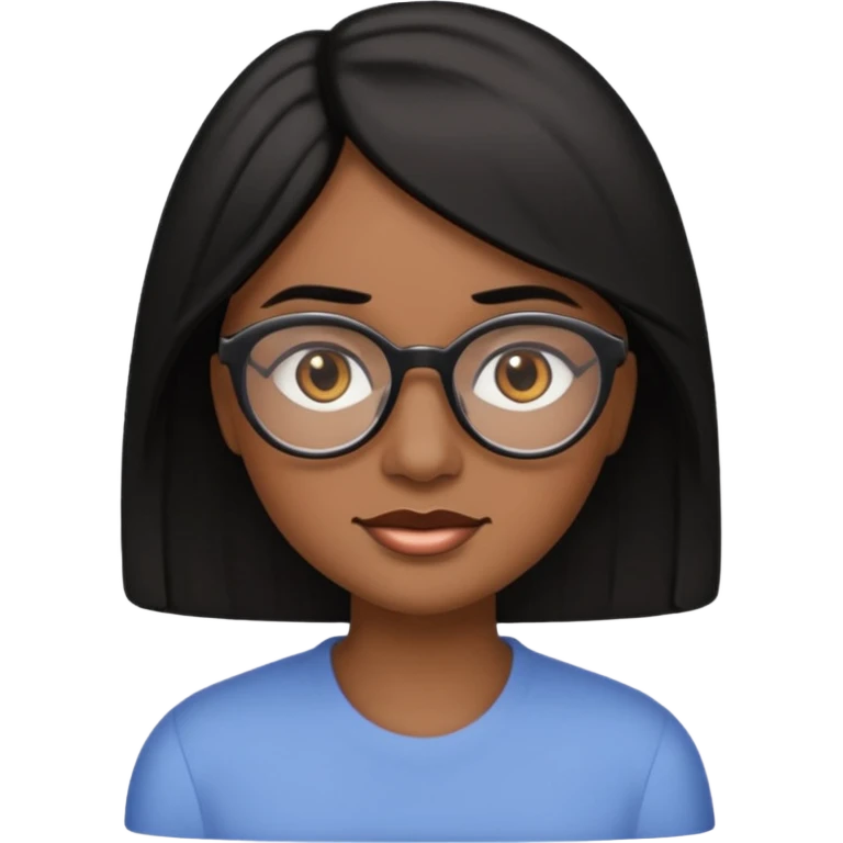 A woman emoji with medium-dark skin, straight shoulder-length black hair parted to the side, an oval-shaped face, arched dark eyebrows, large brown eyes with glasses, a small nose, and natural-toned lips. emoji