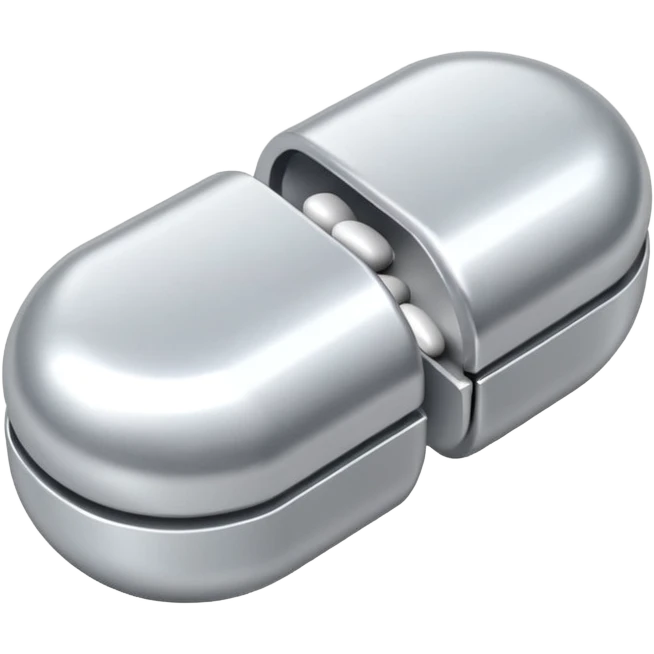capsule pill emoji, metallic silver halves, smooth glossy finish, futuristic pharmaceutical 3D icon, isolated on white emoji