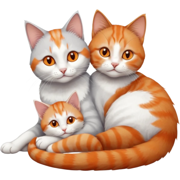 full body of a grey and white cat cuddling a very small + skinny ginger and white kitten with deep orange eyes and triangular shaped face lying down emoji