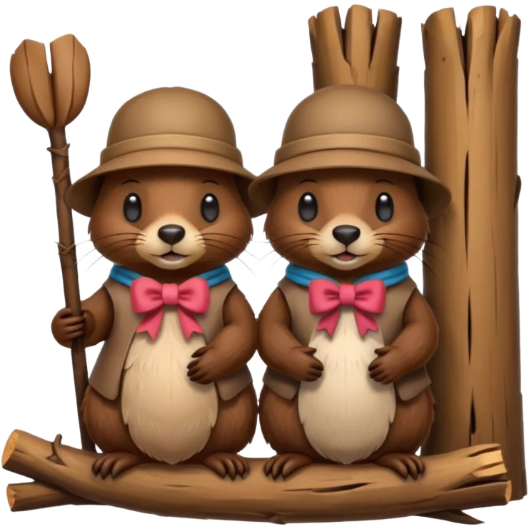a beaver couple, one a female with a bow on her head in a beaver home made of sticks and logs emoji