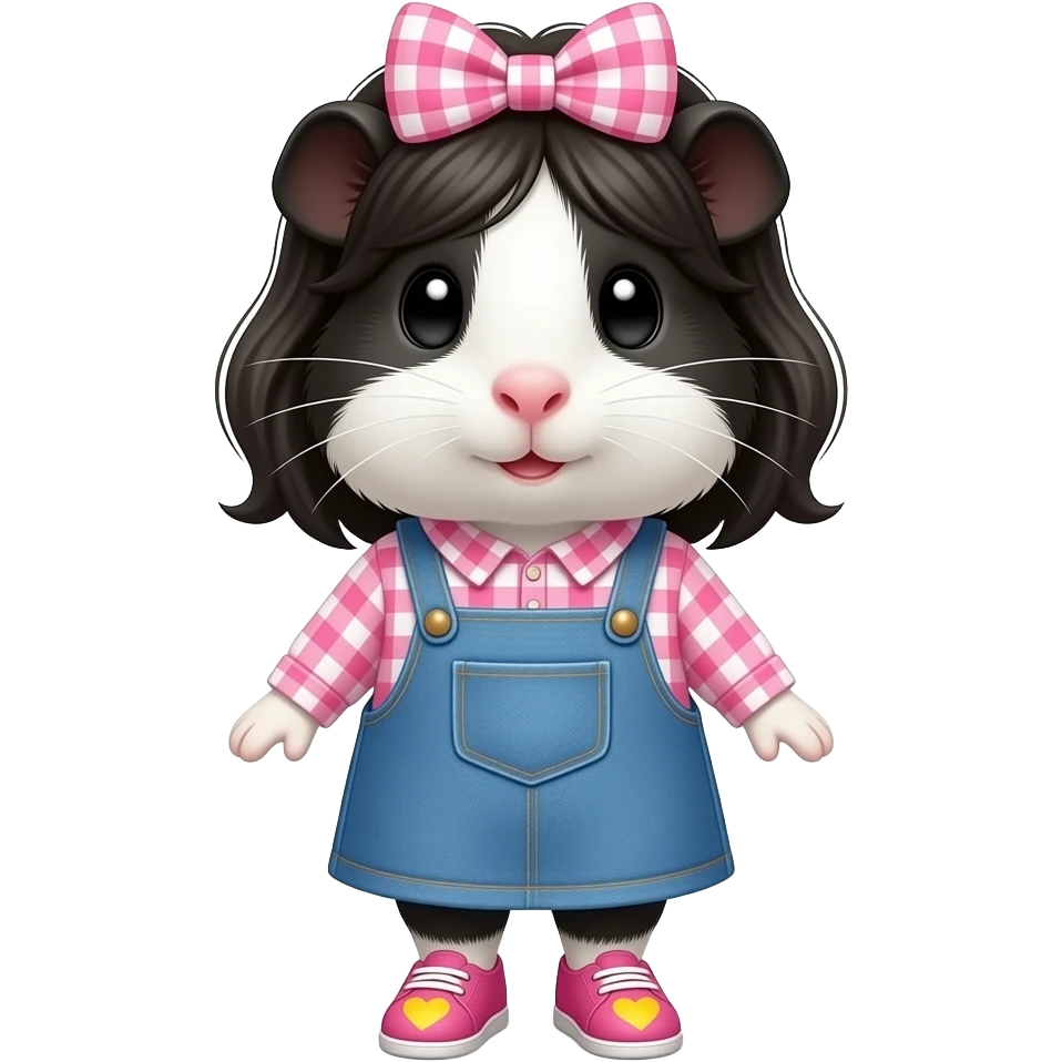 black and white guinea pig in long sleeve pink gingham shirt with a jean dress, pink shoes with yellow hearts and a pink gingham bow in hair emoji