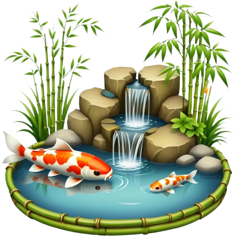Romantic Asian koi fish pond and bamboo fountain scenic scenery landscape deco emoji