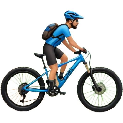An icon featuring a mountain bike standing on a scenic trail. The background showcases majestic mountains, lush green valleys, and a bright blue sky with fluffy clouds. The sun casts warm light over the landscape, emphasizing the beauty of outdoor cycling. Transparent background emoji