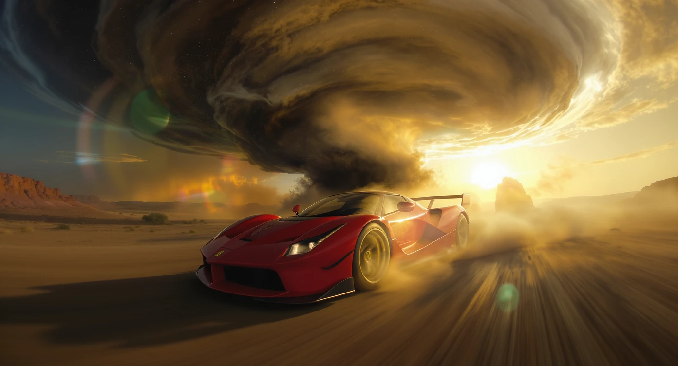 Cinematic still of a ferrari f40 around tornado od arizona desert, sun flare, big earth in background, captured by gopro hero with effect fisheye emoji