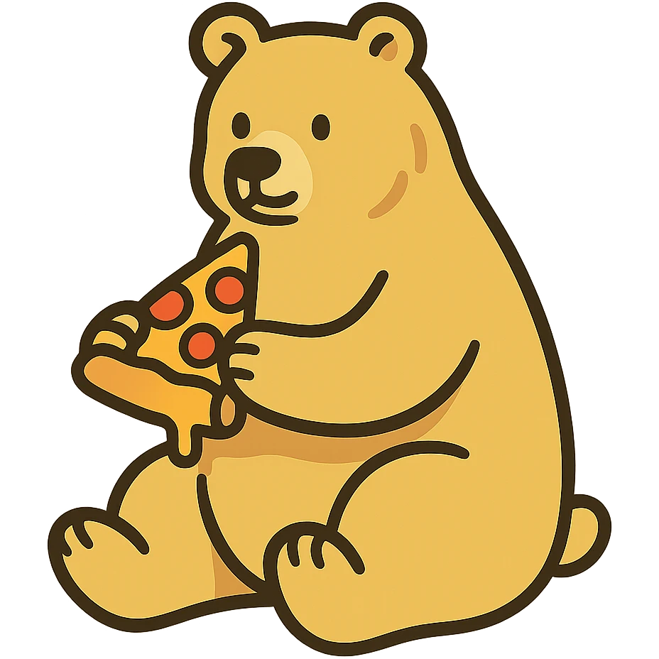 flat toon style blonde grizzly bear sitting, full body, holding a slice of cheese pizza emoji