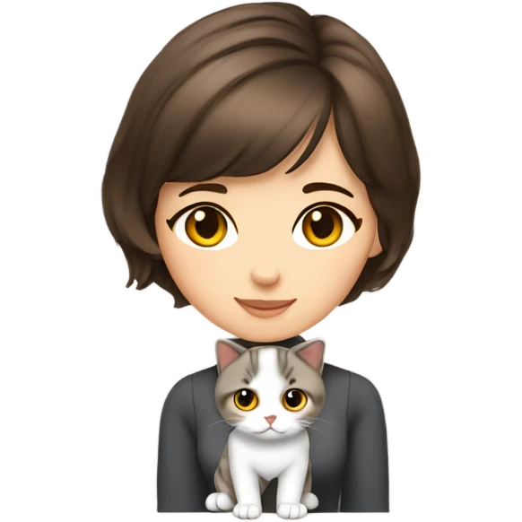 Beautiful girl Brunette with short hair with cat Scottish Fold emoji