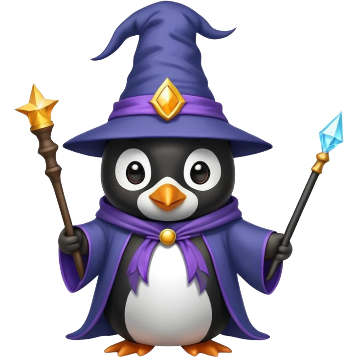 penguin wearing wizard hat and robe holding magic wand emoji