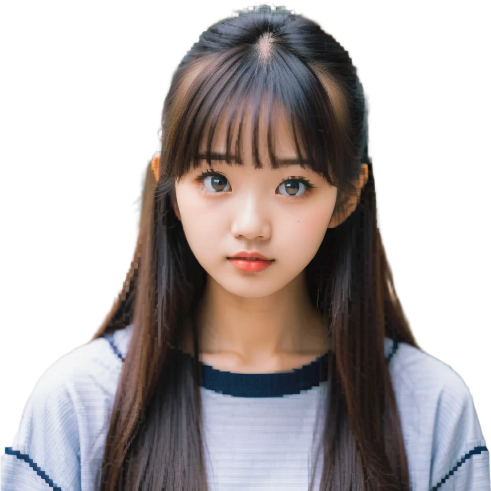 Pixel art of Asian girl, thin bangs, long hair, round eyes, no double eyelids, college student outfit, humorous expression emoji