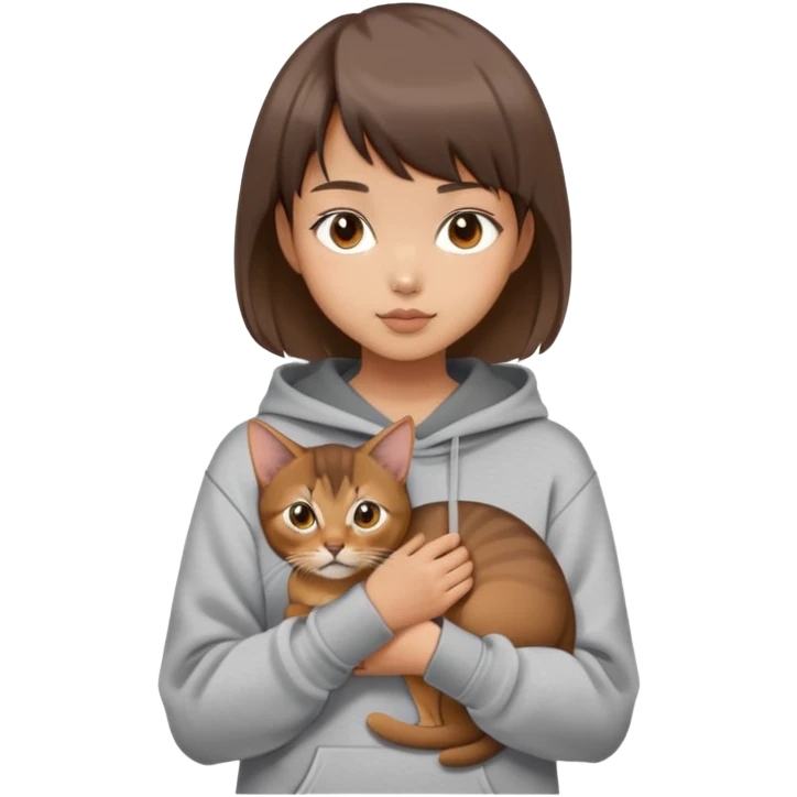 a asian girl with short brown hair and bangs holding an Abyssinian cat， wearing grey hoodie emoji