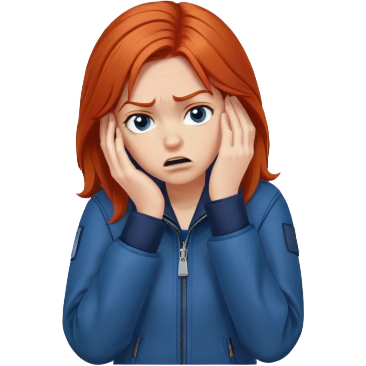 Redhead girl with mid length hair in blue jacket angry facepalm emoji